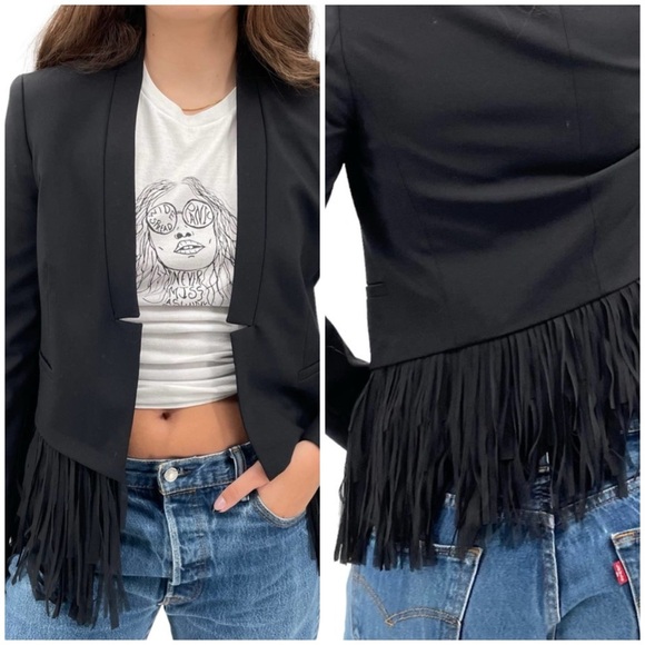 Banana Republic Fringe Trim Blazer Black Wool Spandex Blend Fitted | Size 6 - Picture 1 of 12